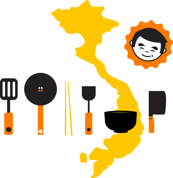 Graphic of utensils over outline of Vietnam and Hungry Huy logo