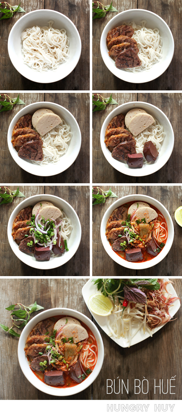 Tô bún bò Huế truyền thống với nước dùng đỏ sậm, bắp bò, giò heo, chả cua và rau sống kèm theo
