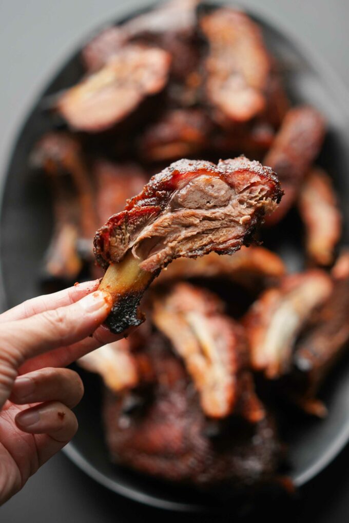 hand holding a pork rib