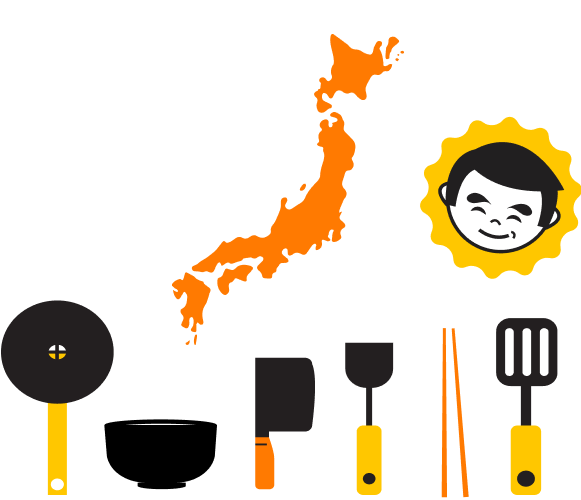 Japan country outline with cooking utensils