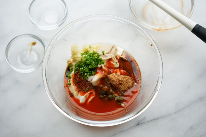 remoulade sauce ingredients in mixing bowl