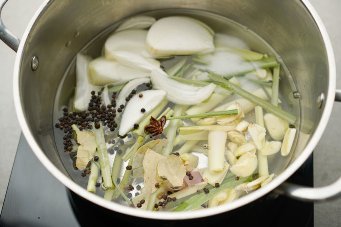 brine ingredients and water in a pot