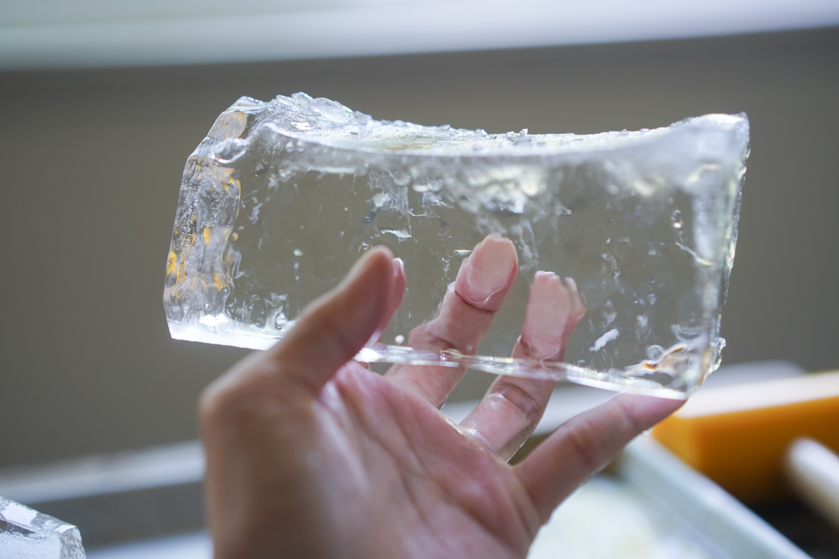 large block of clear ice closeup