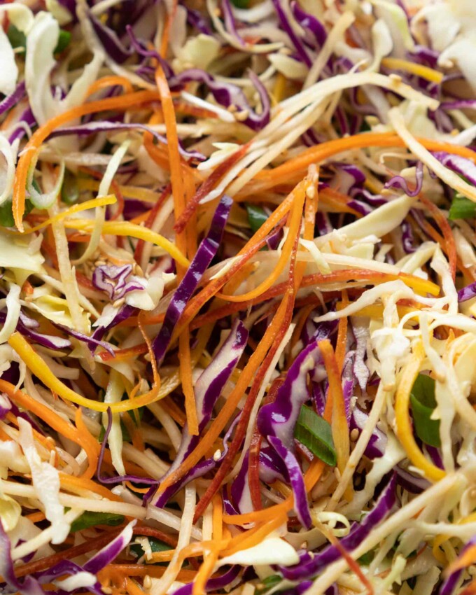closeup of shredded veggies for asian coleslaw