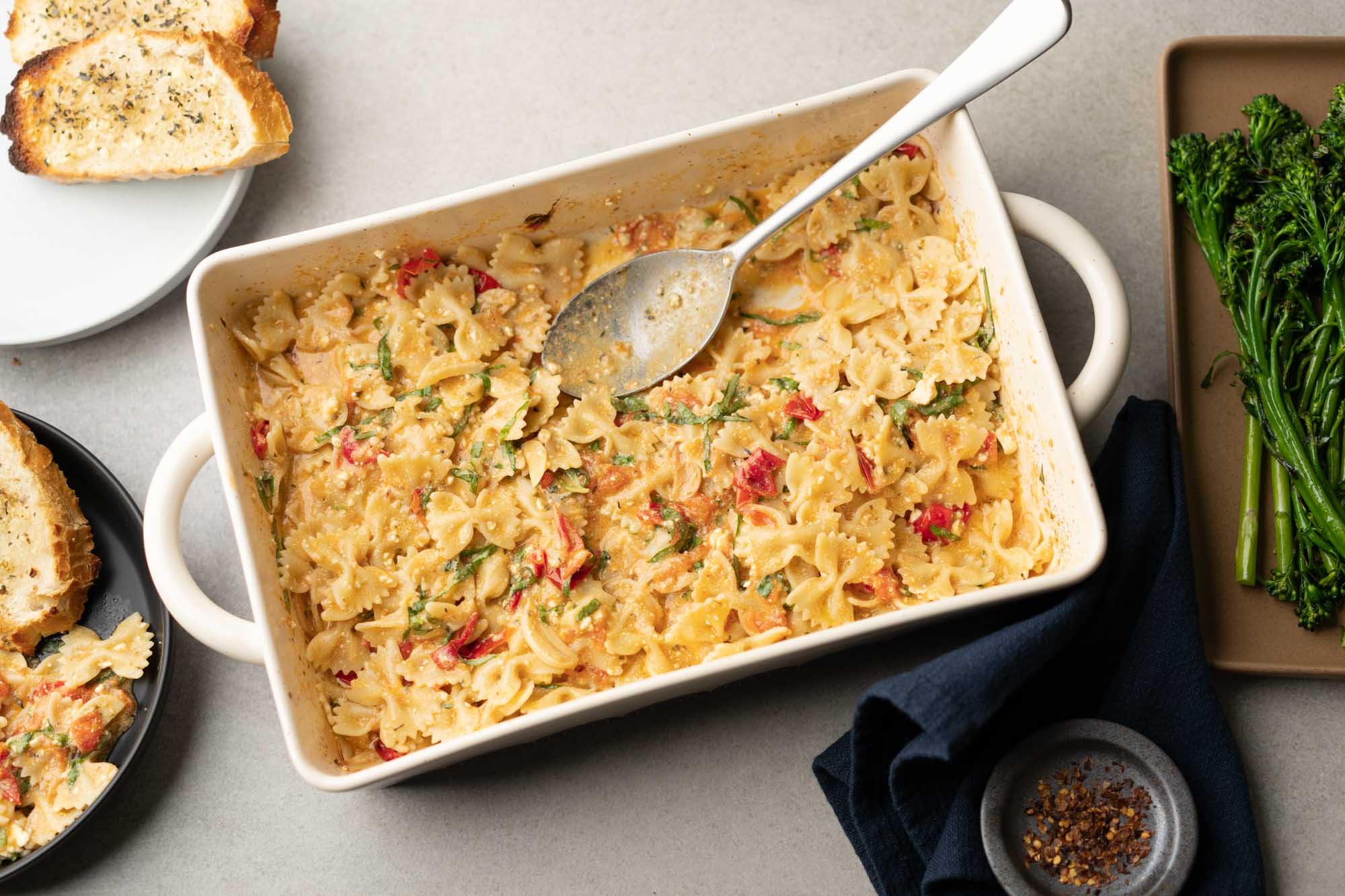 baked feta pasta in baking dish