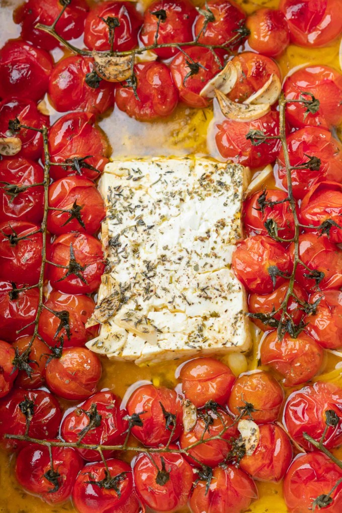 blistered tomatoes with feta cheese