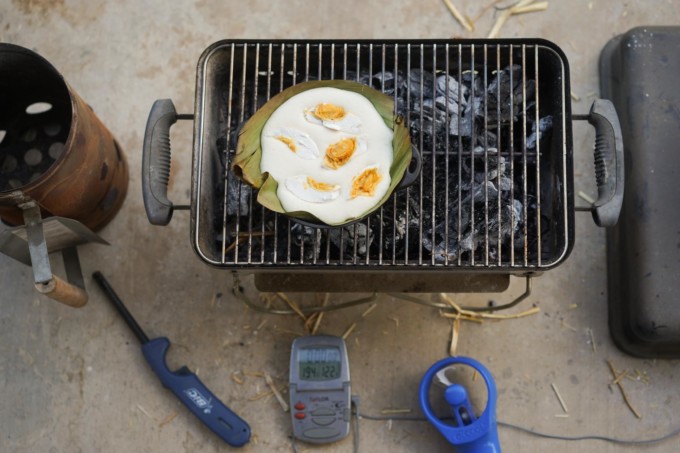 baking bibingka on charcoal grill