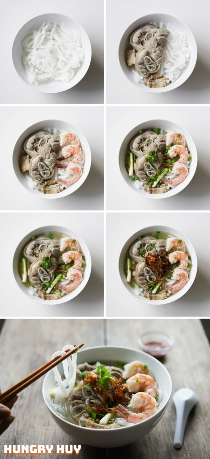 step by step assembling a bowl of Bánh Canh Giò Heo Tôm