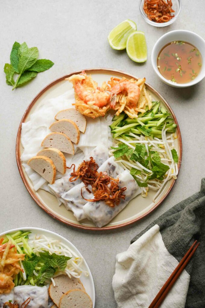 homemade banh cuon with veggies and pork