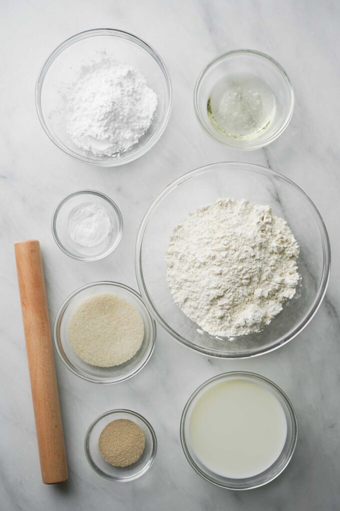 bao bun ingredients in glass bowls