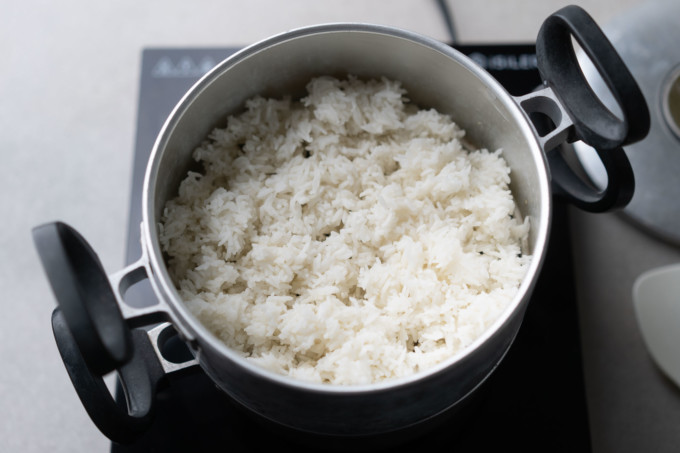 rice broken up in steamer pot