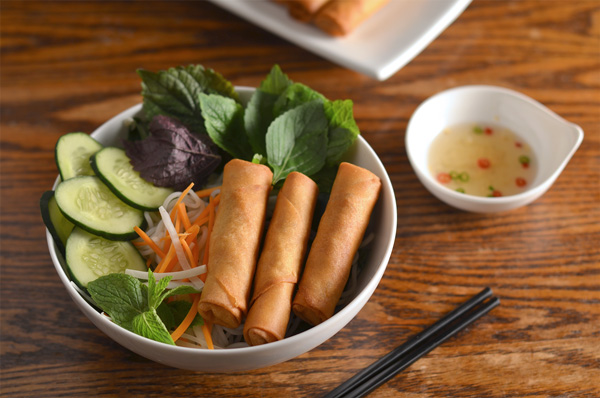 egg roll and noodles with dipping sauce