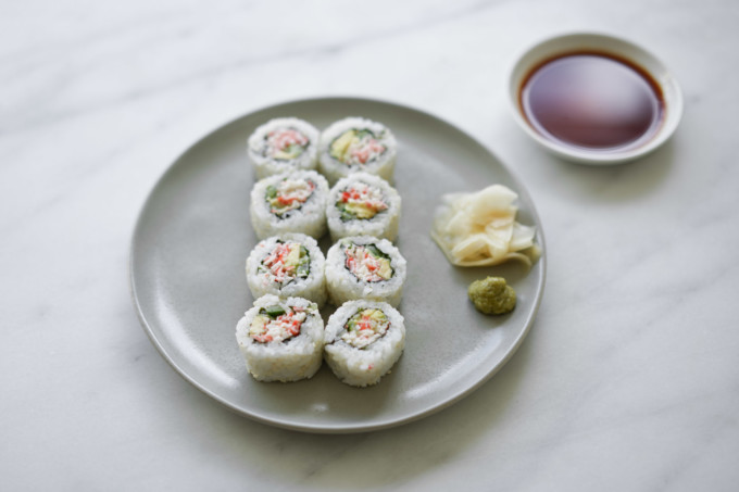 california roll with wasabi, ginger, soy sauce