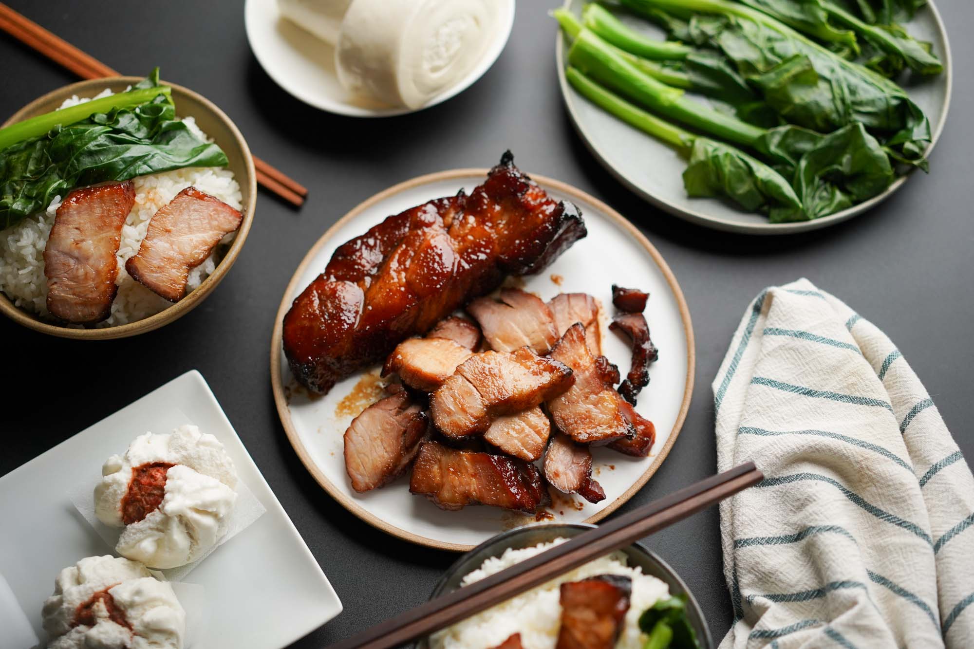 Chinese bbq pork with gai lan and rice