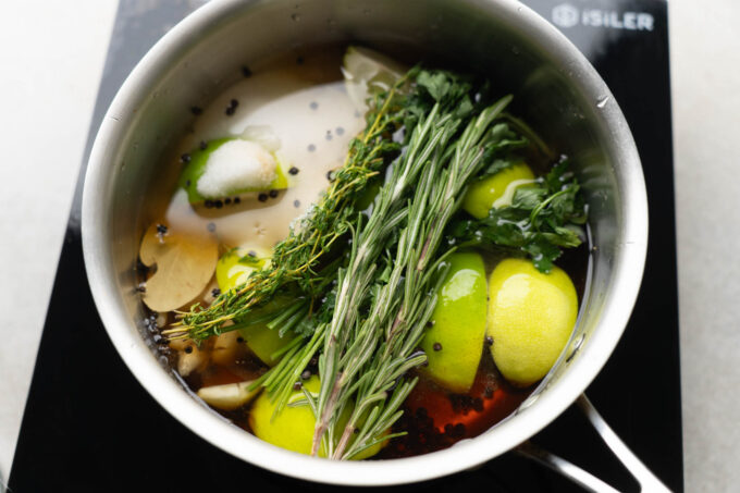 brine herbs and ingredients in a pot