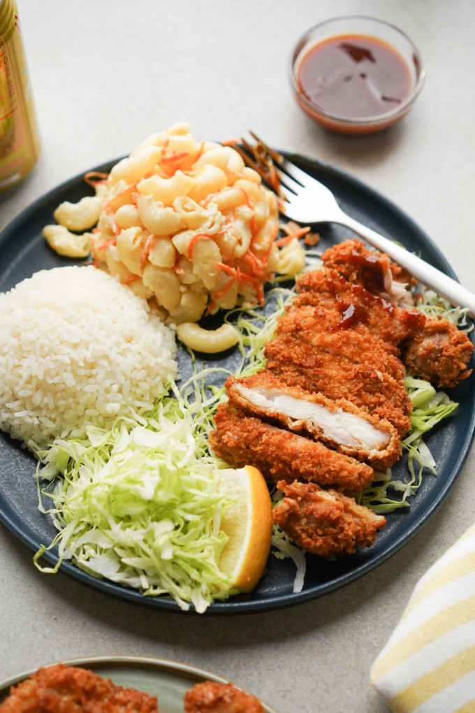 chicken katsu with rice and mac salad