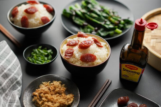 Chinese sausage w sticky rice and sides