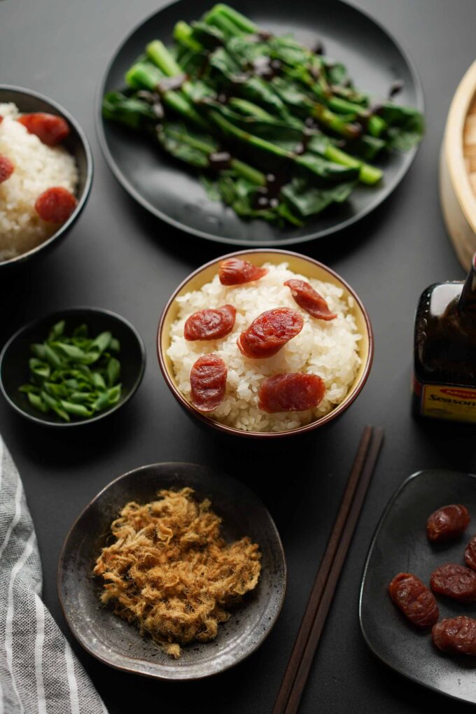 Chinese sausage with sticky rice and sides