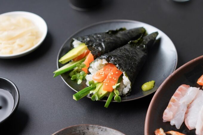 closeup of salmon handrolls