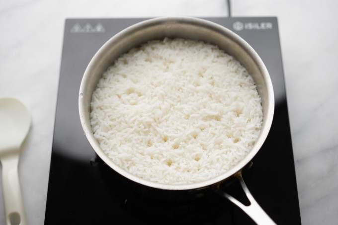 cooked jasmine rice in a pot