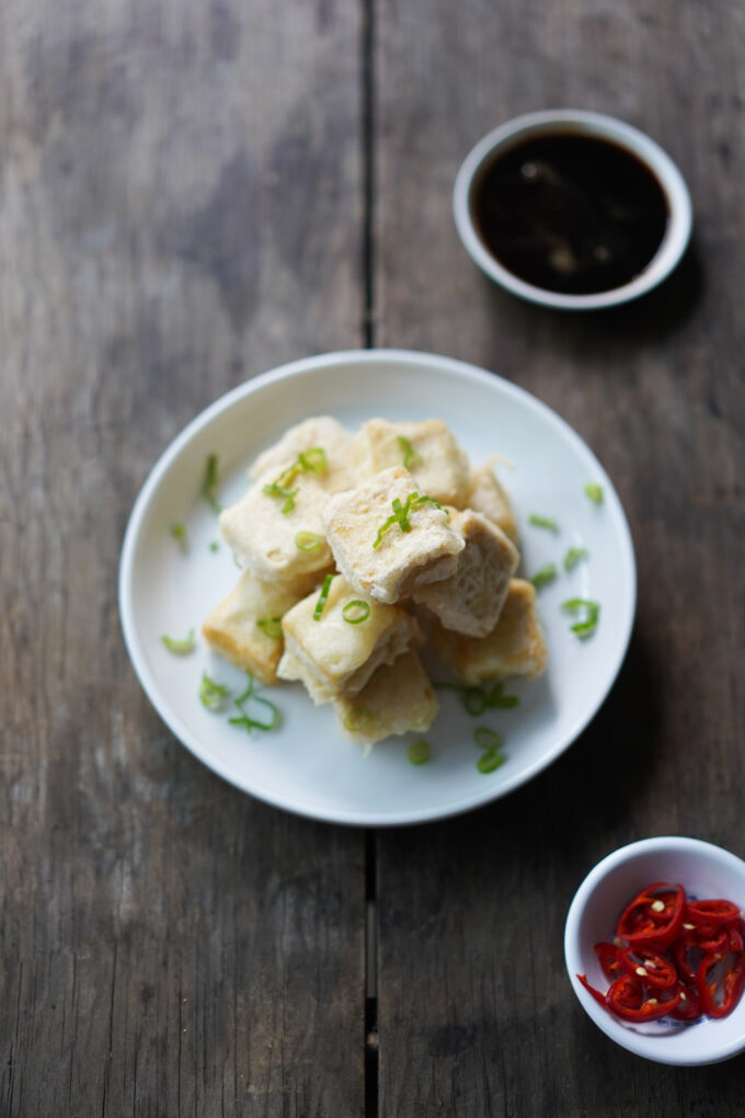 fried tofu with onion garnish