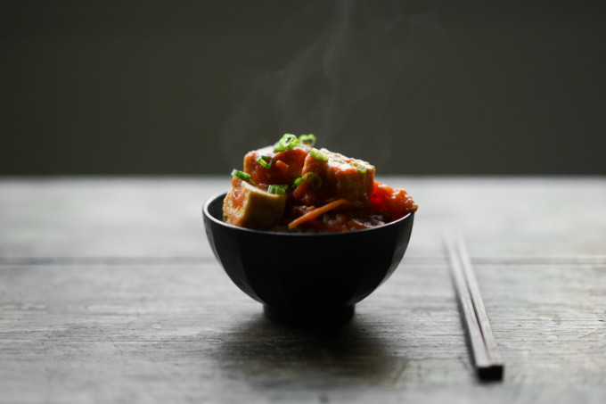 bowl of tofu in tomato sauce