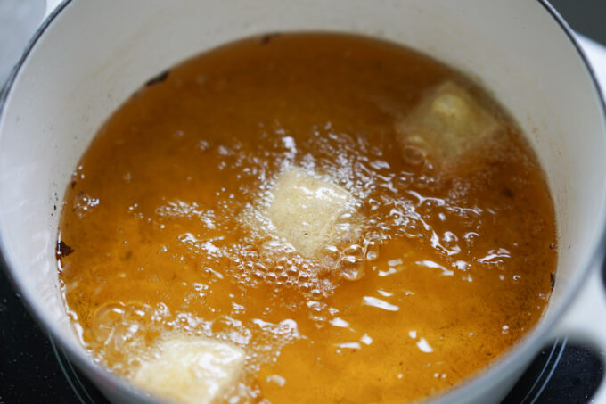 deep frying tofu in cast iron