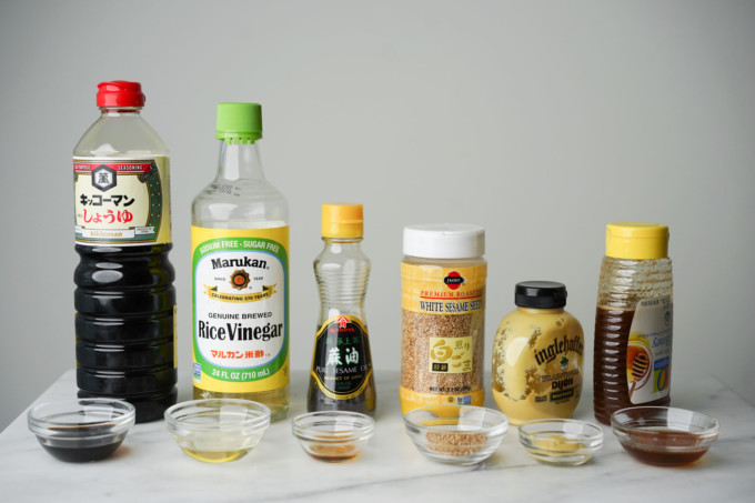 asian and other ingredients in bottles for dressing