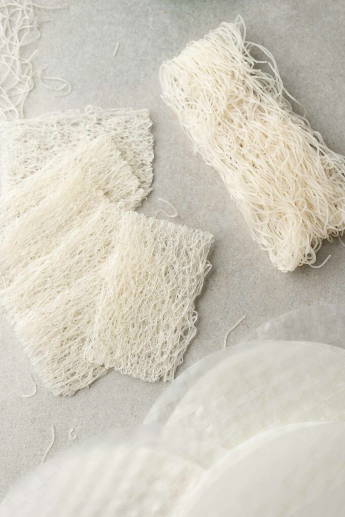 dried banh hoi, dried rice noodles, and rice paper