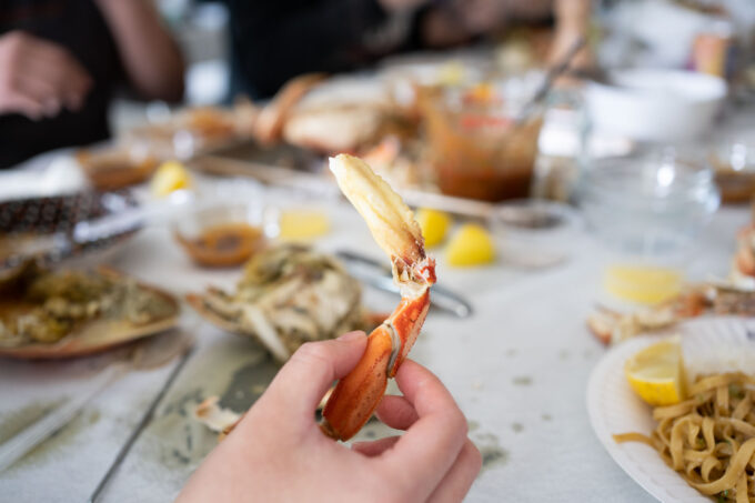 Dungeness crab leg with shell removed