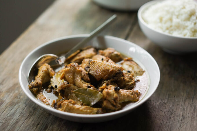 chicken adobo bowl with spoon