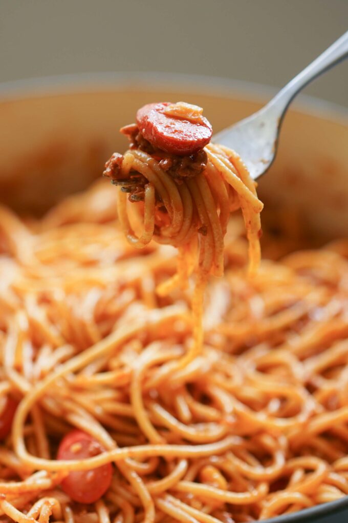 Filipino spaghetti twirled on a fork