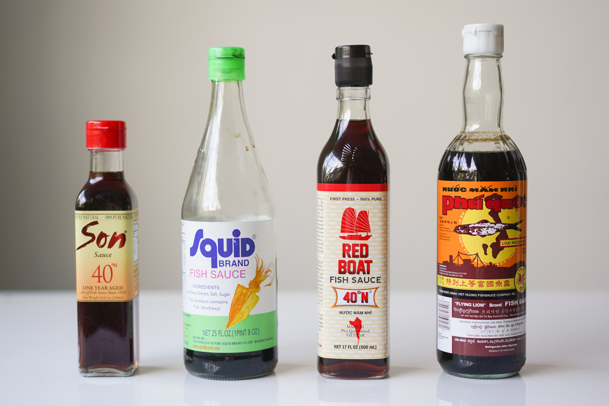 four different brands of fish sauce