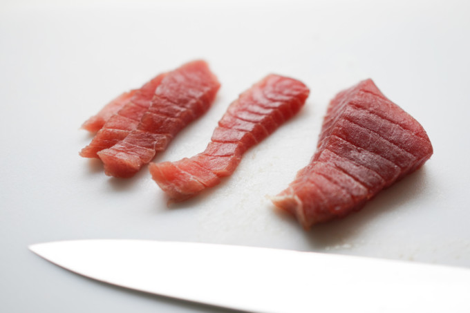 sliced tuna, before chopping finely