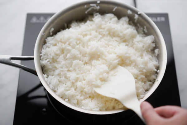 stovetop cooked jasmine rice, fluffed with rice paddle