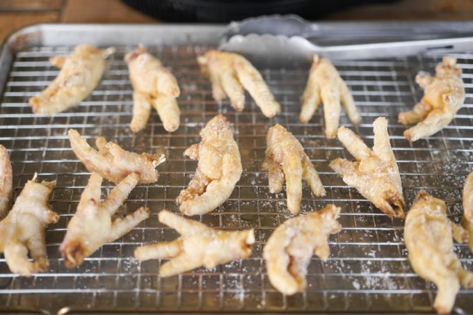 fried chicken feet on cooling rack