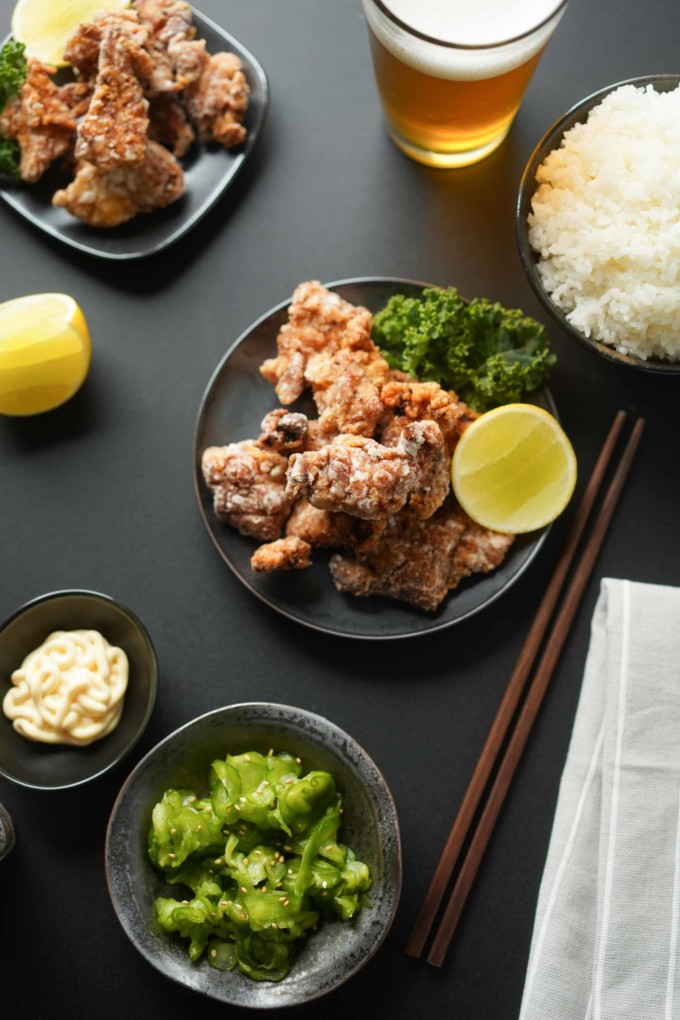 Japanese fried chicken karaage with sides