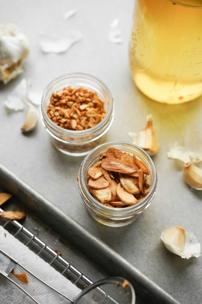 jars of fried sliced and chopped garlic