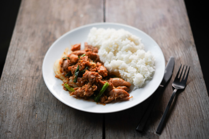 plate of Vietnamese spicy lemongrass chicken with steamed rice