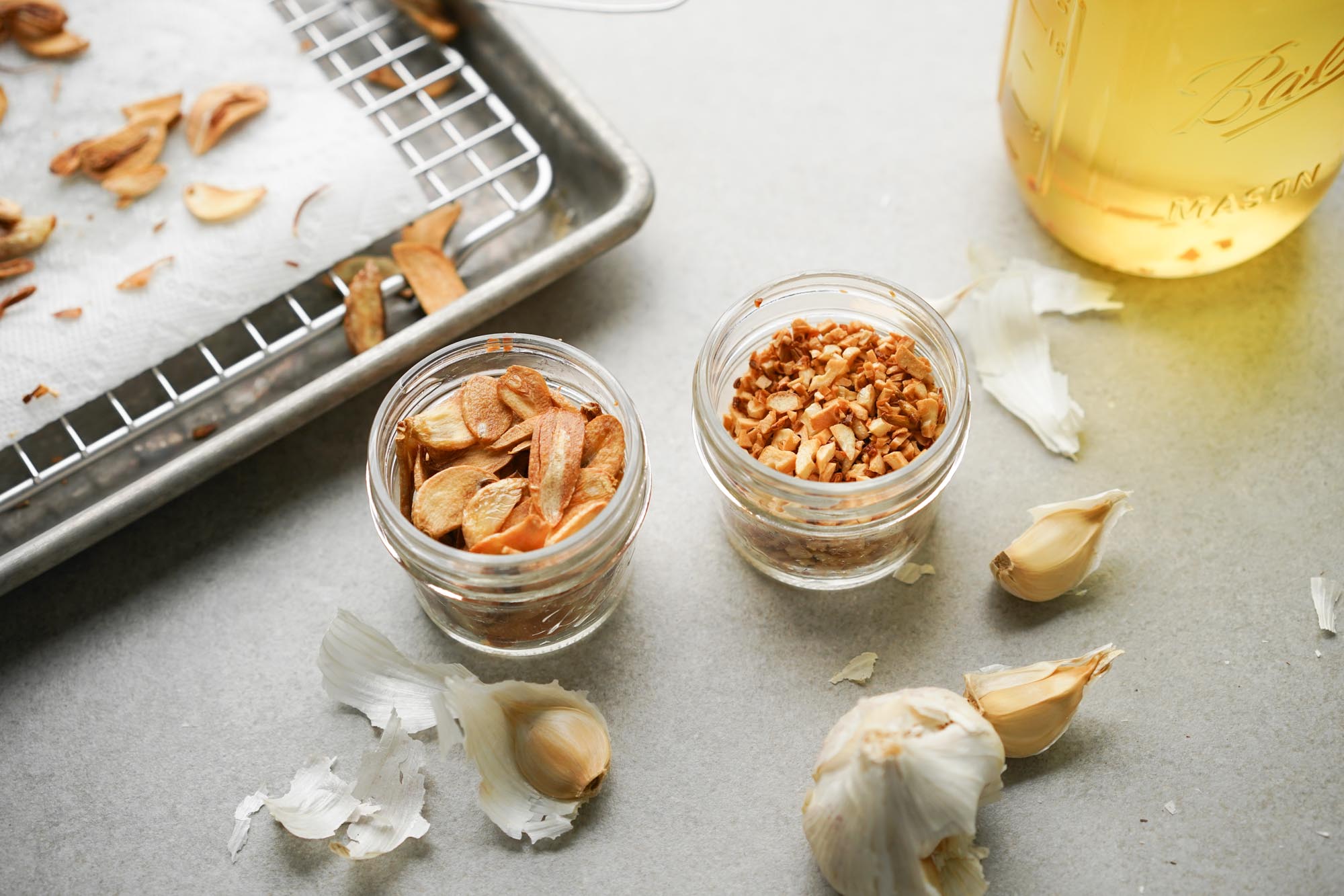 fried garlic chips in jars