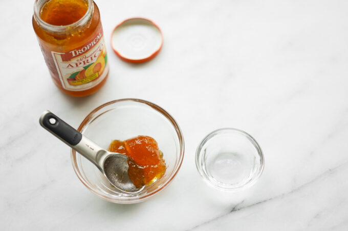 apricot jelly and water in prep bowls