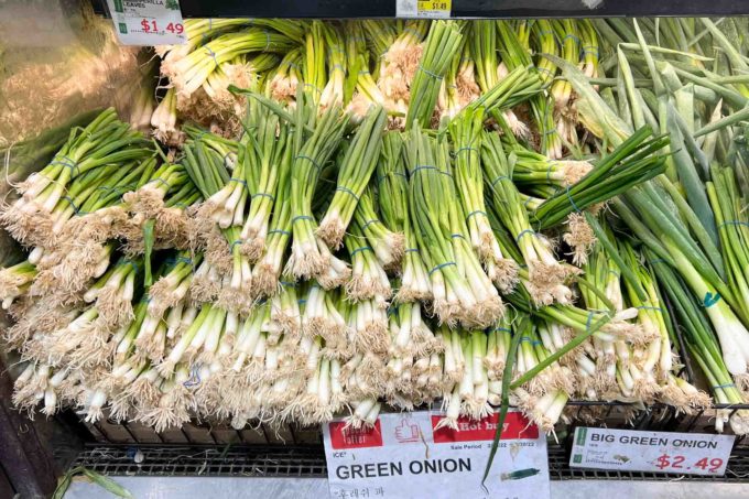 green onion bunches at supermarket