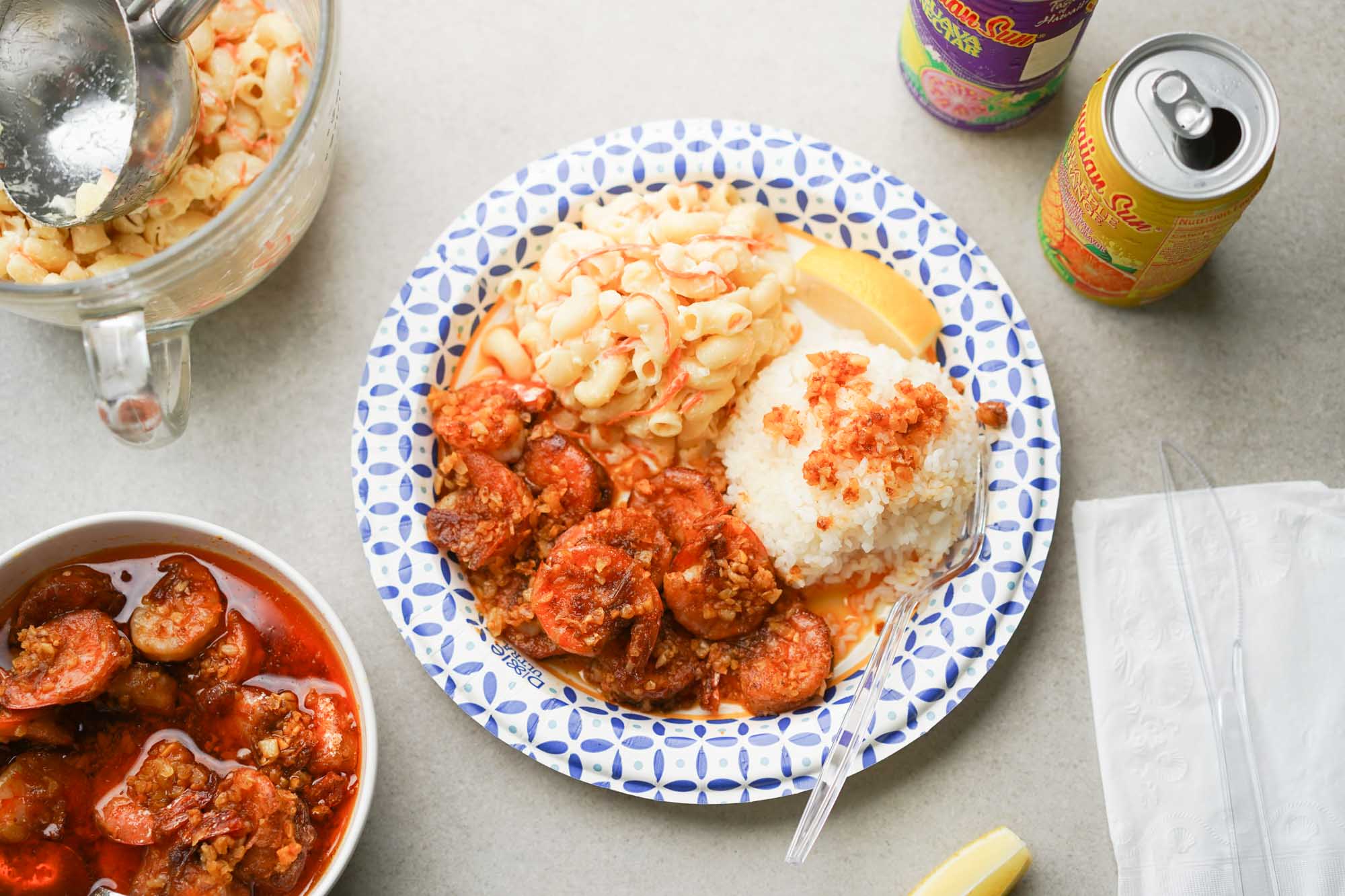 Hawaiian garlic shrimp plate