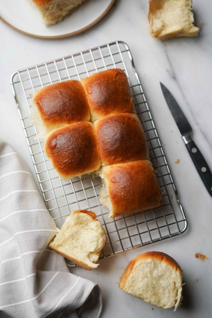 Hokkaid milk bread rolls on a table