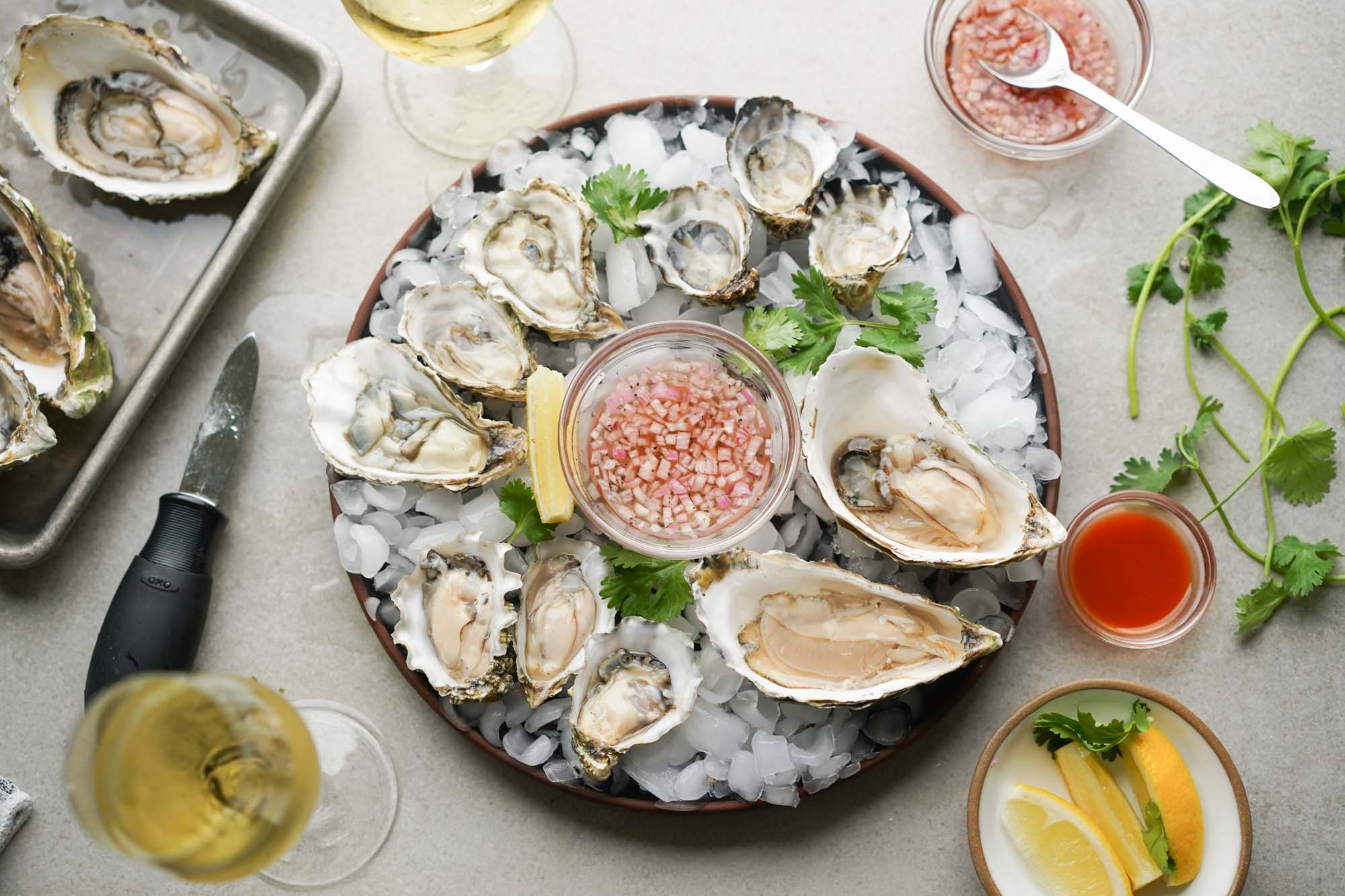 shucked oysters on ice with sauce
