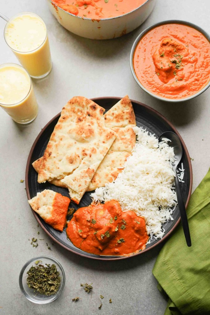 butter chicken with rice and naan