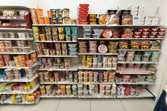 wall of instant ramen at a konbini/convenience store