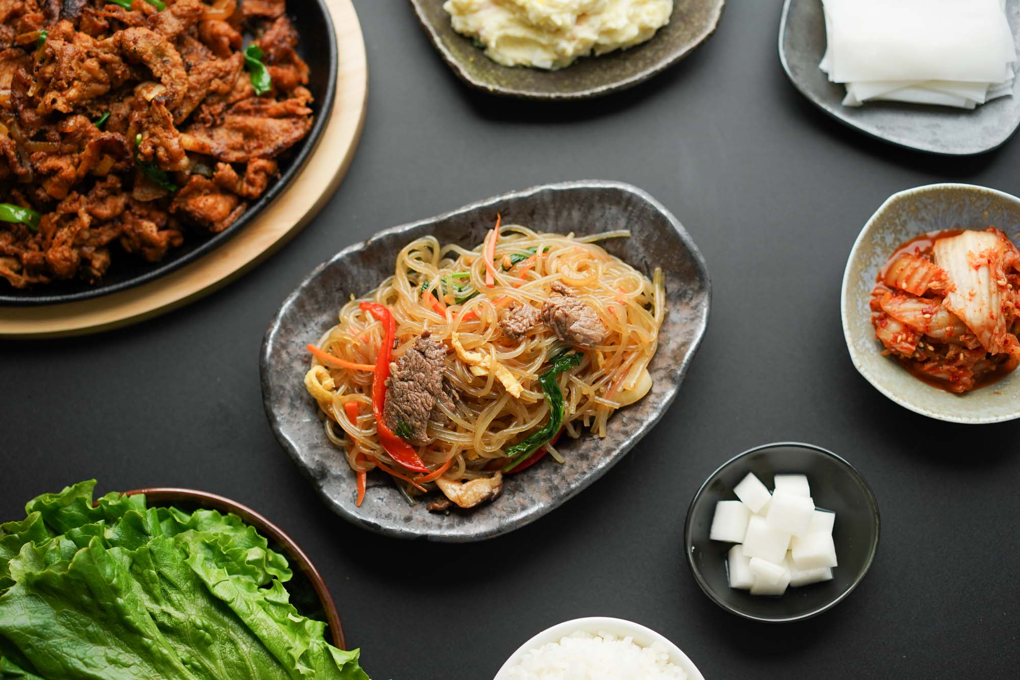 japchae side dish with Korean dinner