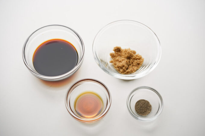 japchae sauce ingredients in glass bowls