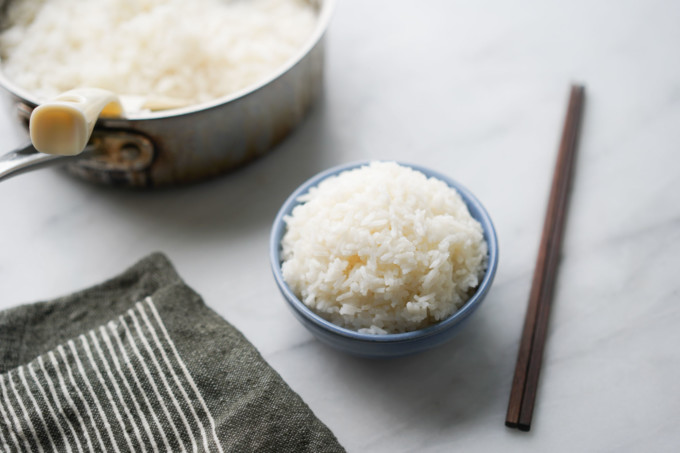 jasmine rice bowl with chopsticks
